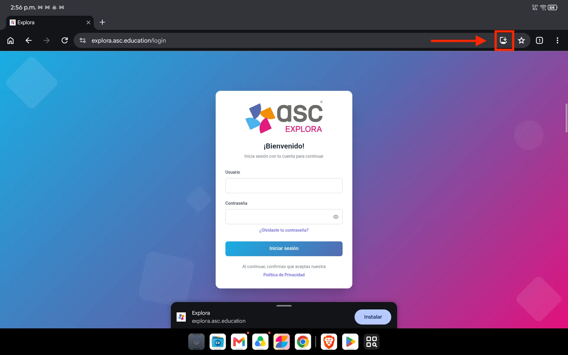 Presionar el ícono de instalación — Explora en Android con Google Chrome