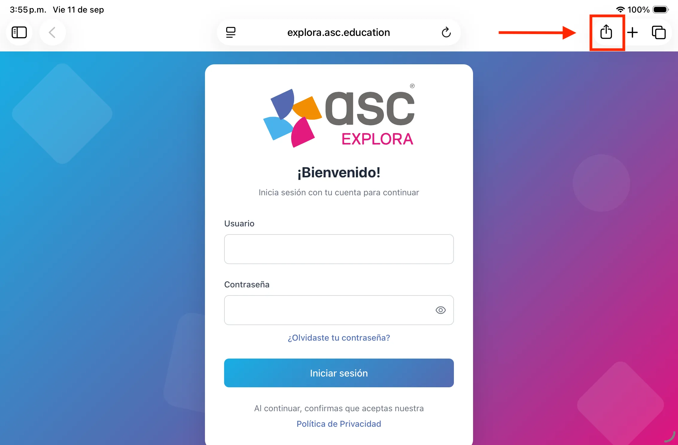Presionar el botón de compartir — Explora en iOS / iPadOS con Safari