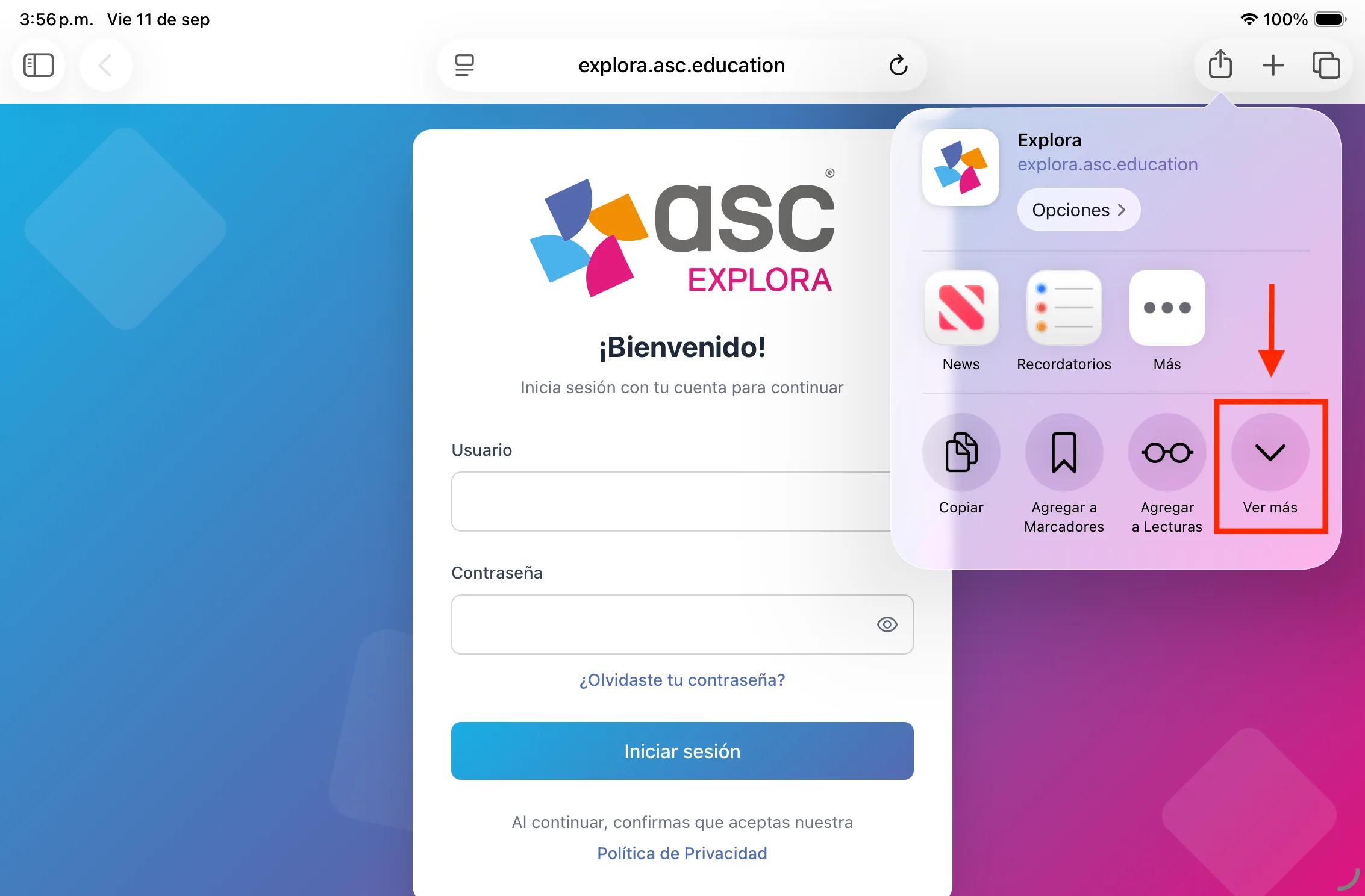Presionar «Ver más» — Explora en iOS / iPadOS con Safari
